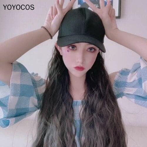 YOYOCOS 70CM Including Hat Long Curly Hair Black/Grannyhair/Ash Blue/Thin Rattan/Brown Daily Wig Heat Resistant Sythentic Hair