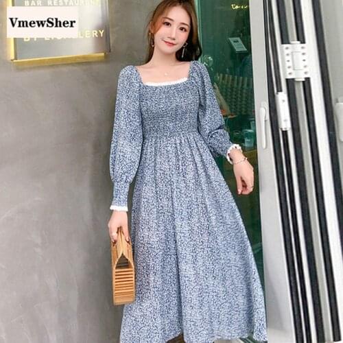VmewSher Floral Chiffon Dress Women Spring New Square Collar Lace Loose Puff Sleeve High Waist Vintage Fashion Midi Long Dresses