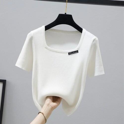 2021 Summer Short Sleeve Tees White Black Knitted T Shirt Korean Fashion Slim T-shirts Women Casual Screw Thread T Shirt Femme