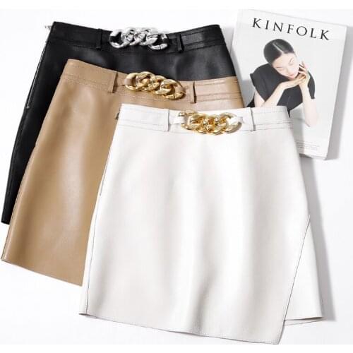 2021 Women Real Leather Skirt Female A-Line Skirt Genuine Leather Autumn New High Waist Sheepskin Leather Skirt