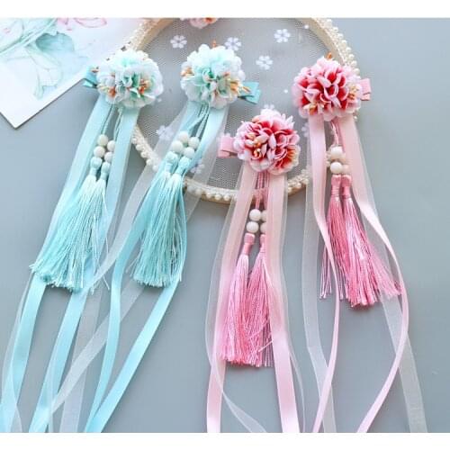 WYINYA Chinese style childrens Hanfu baby head ornaments simulation silk flower long streamer tassels pair clip hairpin