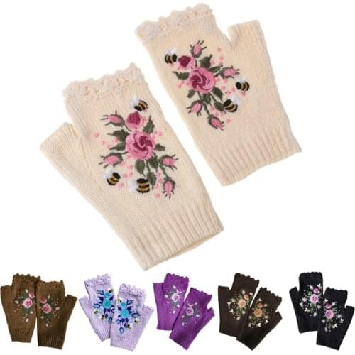 Women Winter Knitted Fingerless Gloves Floral Bee Embroidery Thumbhole Mittens 649C