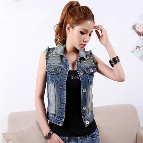 Spring Summer New Casual Womens Sleeveless Vests Fashion Rivet Hole Ripped Single Breasted Female Short Waistcoats Plus Size 3XL