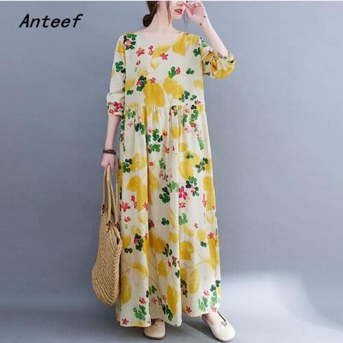 Anteef long sleeve cotton vintage floral dresses for women casual loose woman summer spring autumn dress elegant clothes 2021