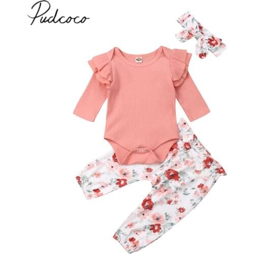 2019 Baby Spring Autumn Clothing 0-18M Toddler Kids Girl Pink Cotton Romper Tops +Flowers Print Long Pants +Headband 3pcs Sets