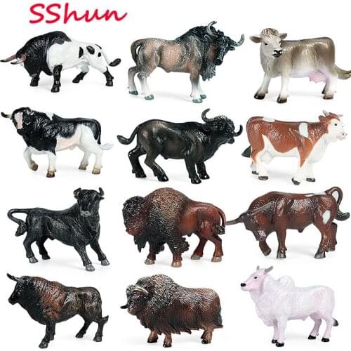 4 in 1 Mini Cow Set Simulation wild animal model solid cow bull bison set childrens gift toy succulent cake decoration