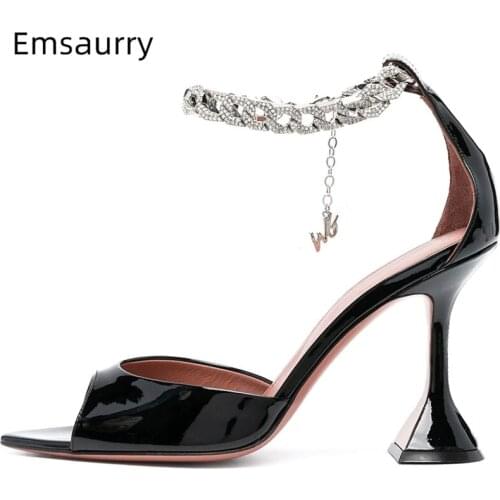 Sexy Point Peep Toe Goblet Heel Sandals Women Ankle Strap Crystal Chains Decor Patent Leather Summer Party Shoes