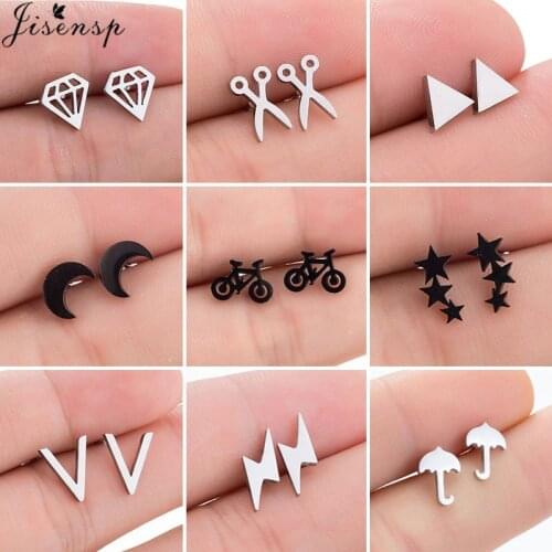 Punk Black Tiny Stainless Steel Earrings for Women Men Vintage Cute Star Moon Bicycle Umbrella Stud Earring Pendientes Hombre