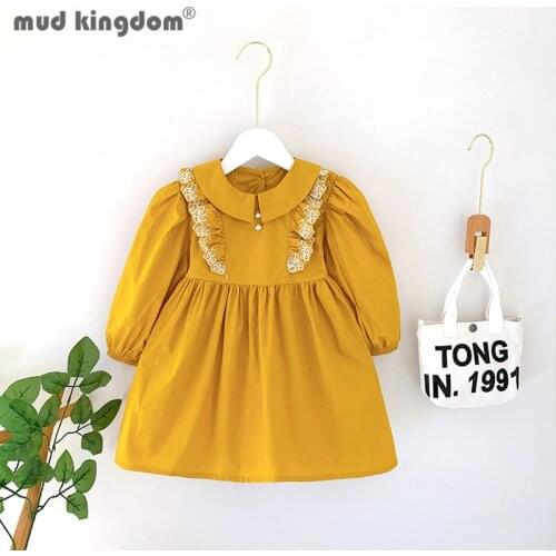 Mudkingdom Fashion Girl Dress Solid Lace Turn-down Collar Princess Dresses for Toddler Sashes Long Sleeve Button Kids Clothes