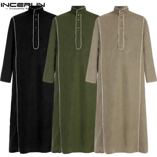 INCERUN Muslim Robe Dressing Mens Saudi Arab Long Sleeve Solid Jubba Thobe Kaftan Long Islamic Jubba Thobe Men Clothing Hip-hop