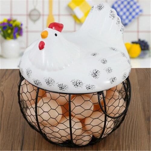 Creative Hand-Painted Household Ceramic Egg Basket Fruit And Vegetable Debris Basket Kitchen Iron Storage Basket Hen Decoration