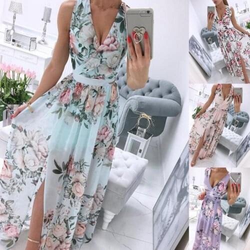 Hot Sales!! Bohemian Women Dress Sleeveless Deep V Neck Floral Print Slit Hem Long Dress for Summer