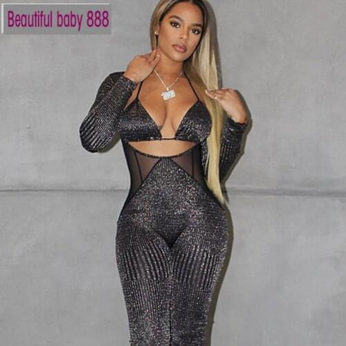 Meqeiss Sexy Club Wear Jumpsuits For Women Shiny Bikini Hollow Out Bandage Playsuits 2021 Spring Party 2 Piece Jumpsuits Female