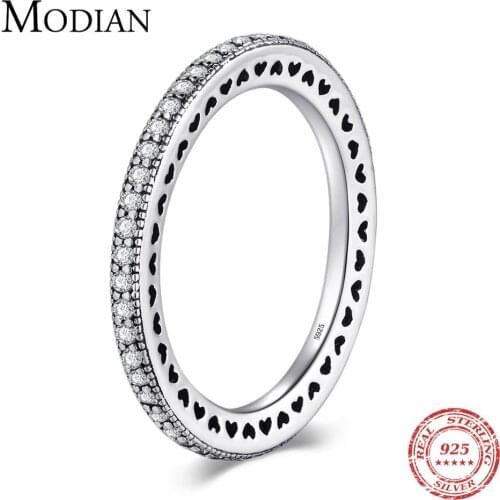Modian Authentic 925 Sterling Silver Hearts Ring Clear CZ Fashion Stackable Vintage Classic Luxury For Women Engagement Gift