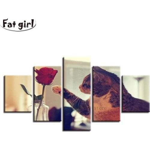 DIY 5 Panel Animal Diamond Painting Cute Cat Cross Stitch Kits Red Rose Embroidery Square Round Drill Modern Home Decoration
