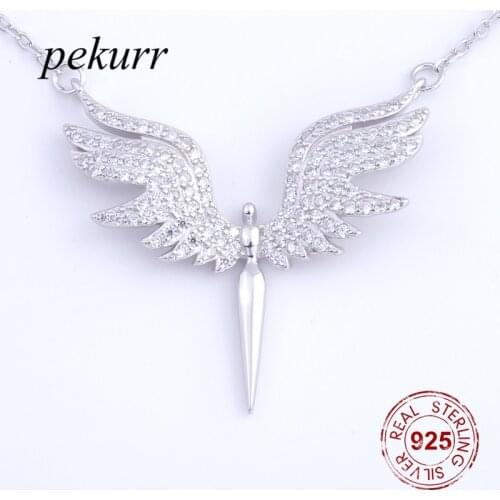 Pekurr 925 Sterling Silver CZ Angle Wing Phoenix Eagle Bird Necklaces Pendants For Women Silver Chain Jewelry Gifts