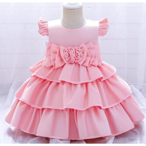 Baby Girl Dress Pink Satin 1 Year Birthday Dress Sleeveless Infant Newborn Party Vestidos Baby Girl Christening Gown