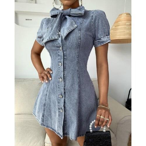 Women Dress New Fashion Bow Denim Bag Hip Dress Spring Summer Short Sleeve Solid Color Vestidos Mini Chic Denim Dress