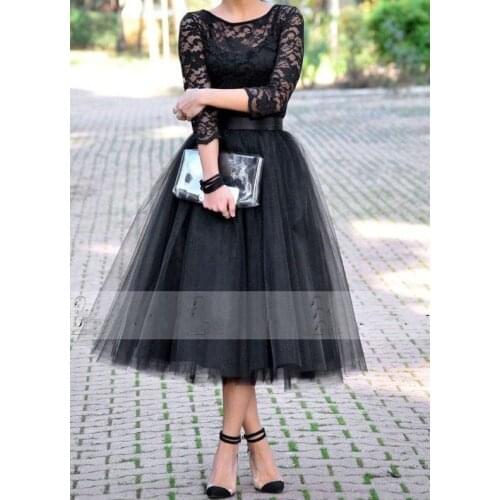 Tea Length Bridesmaid Dresses With Long Sleeve 2021 Black Vintage Lace Tulle Arabic Wedding Party Prom Gowns