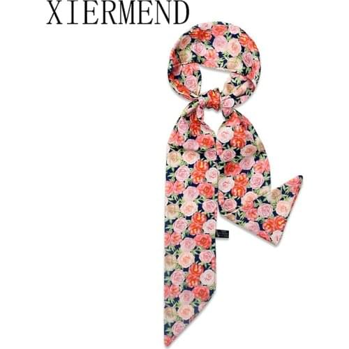 Spring summer new scarves ins big flowers double-sided small scarf French hair band narrow slender little ribbon skinny scarf