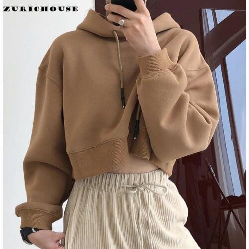 ZURICHOUSE Warm Plus Velvet Hooded Sweatshirt Women High Waist Cropped Pullover Long Sleeve Loose Jumper Casual Fleece Hoodie