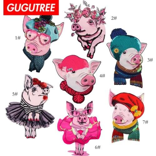 GUGUTREE embroidery Sequins big pig patch cartoon animal patches badges applique patches for clothing ZK-241
