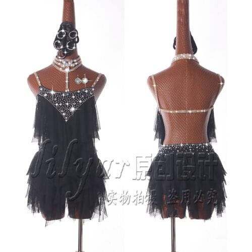 New Latin dance skirt competition skirt performance Skirt Adult custom childrens black suspender backless sexy dance skirt