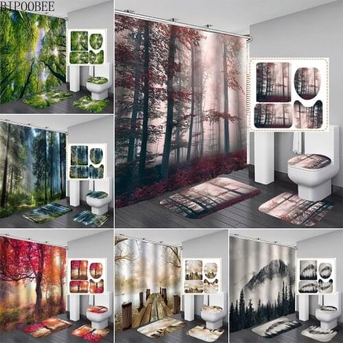 Forest Plants Shower Curtain for Bathroom Decoration Natural Scenery Flannel Toilet Lid Cover Non Slip Carpet Bath Mat Rugs