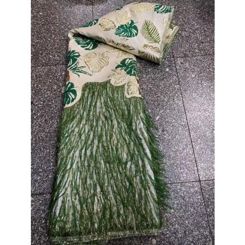 Green African Brocade Lace Fabric 2021 High Quality Jacquard Lace Fabric with Feather Nigerian Lace Material for Sewing K4889