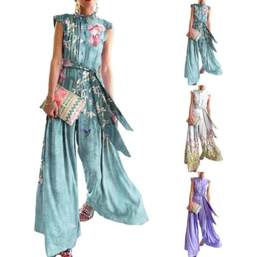 Hot Sales Office Lady Jumpsuit Floral Print Stand Collar Women Wide Leg Belted Patchwork Romper for Party