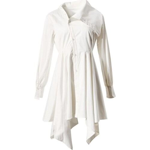 TVVOVVIN New Fashion Asymmetrical Lapel High Waist Dress White Long Sleeve Irregular Pleated Mid-length Dress Z0GG