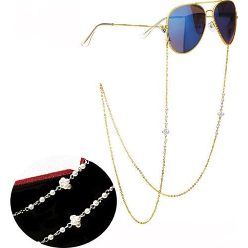 1pc/lot Fashion Gold Metal Eyeglass Chains Sunglasses ABS Pearl Beads Fower Eyewears Neck Cord Holder with silicone good loop