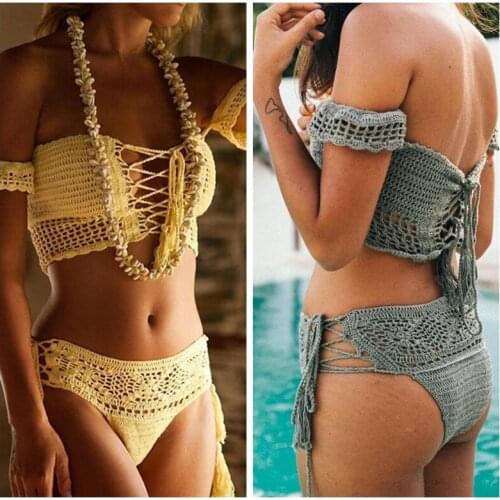 2020 Crochet Bikini set sexy women off shoulder Tops+ hollow out short bottom swimwear swimsuit bathing suit