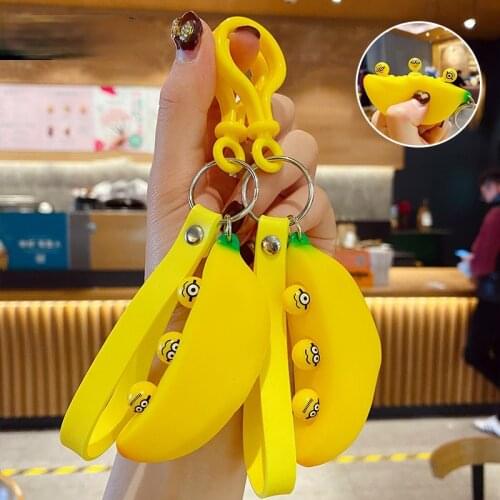 Cute Banana Decompression Toy Keychain Cartoon Silicone Simulation Fruit Key Chain Creative Bag Pendant Car Keyrings Wholesale