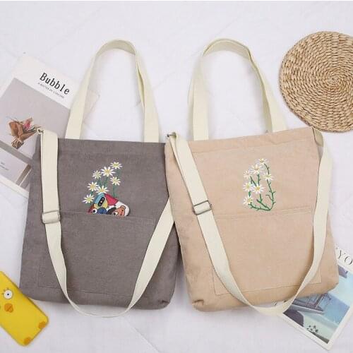 Daisy Women Corduroy Literature Shoulder Bag Ladies Canvas Tote Foldable Shopping Bags Embroidery Female Handbag Crossbody Bags