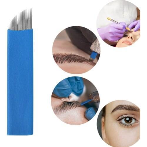 Tattoo Blades Microblading Needles Professional Eyebrow Lip Permanent Makeup 50Pcs 21Pin Blue Stainless Steel Tattoo Supply