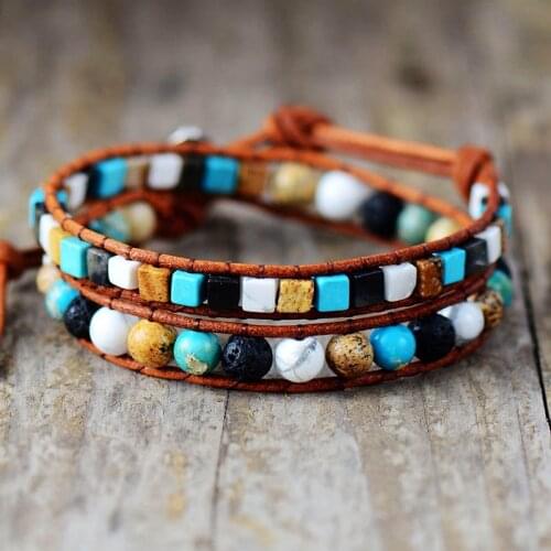 Men Leather Bracelets Mix Lava Beads Natural Stones 2 Strands Leather Wrap Bracelets Vintage Weaving Bead Bracelet Dropship