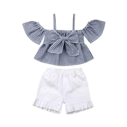 Toddler Kids Girls Summer Off Shoulder T-shirt Tops+Shorts Pants Outfits Striped Clothes 2-7Y