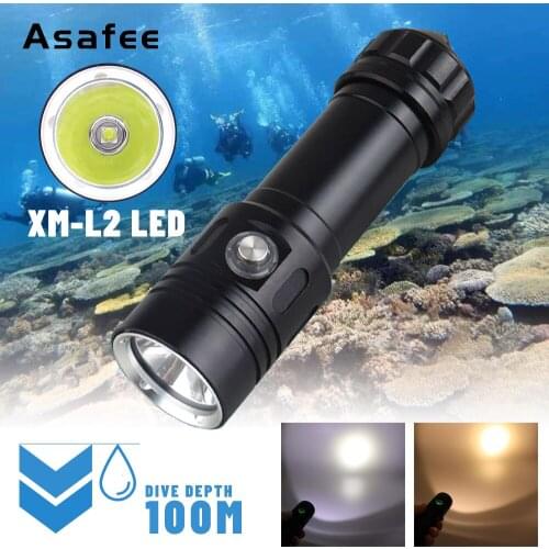 Asafee LED Flashlight Torch Underwater 50m Diving Flashlight Lamp Waterproof XM-L2 Dive Light 26650 Mini Portable Diving Torch