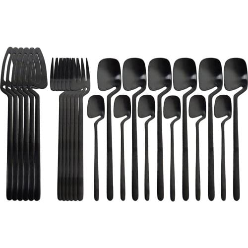 24pcs Black Tableware Set Kitchen Decor Spoon Fork Knife Dinnerware Sets Matte Black Cutlery Ice Cream Desserts Soup Coffee Use