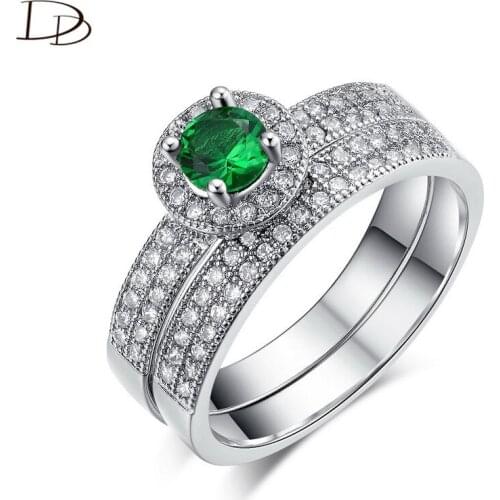 DODO Green Zircon Ring Sets For Women 2 Pcs Fashion Kpop Bague Silver Color Wedding Jewelry Fine Female Finger Bijoux Gift Dd090