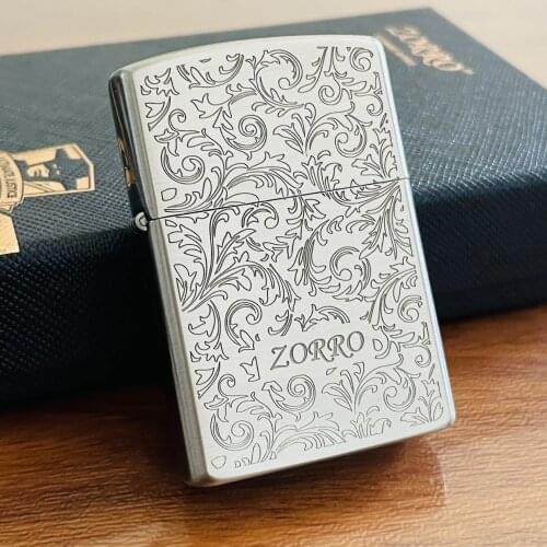 Original ZORRO Gasoline Lighter Brass Shell Stainless Steel Insert Part Classic Kerosene Oil Machine High Quality Metal Engrave