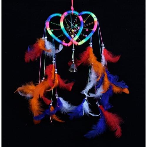 Couple Heart Lovers Fancy Ojibwe Magic Rainbow Dream Catcher Hoop Pendant Geuine Feathers Handmade Hanging Decor Dreamcacher