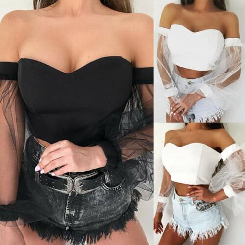 Sexy Off Shoulder Bustier Women Mesh Spliced Blouse Puff Long Sleeve Slim Fashion Shirt Female Cropped Tube Tops Blouses Corset