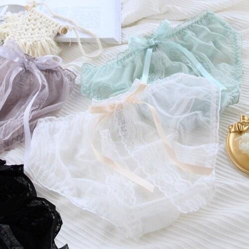Women Lolita Panties Transparent Dot Mesh Sexy Briefs with Lace Big Bow Girl Soft Panties Sexy Lingerie Middle Waist Candy Color