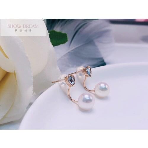 SHOWDREAM 18K Gold Akoya Seawater Pearl Earrings Inlay Aquamarine Pearl Luster is exquisite Two ways to wear it