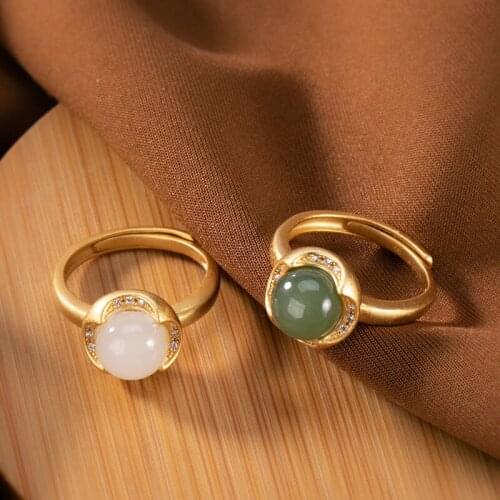SNew silver inlaid natural Hetian white Chalcedony diamond ring golden temperament charm light luxury womens brand jewelry