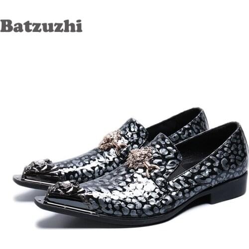 Batzuzhi Handmade Men Dress Shoes Leather Pointed Metal Tip Formal Business Shoes Slip-on Men Wedding and Party Zapatos Hombre