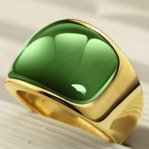 Gorgeous Men Ring Wide Style Stainless Steel Gold Tone Green Opal Ring Fashion Male Jewelry