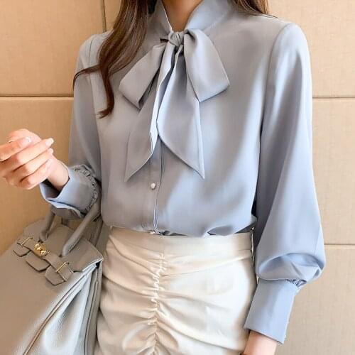 Spring 2021 Bow Tie Long Sleeve Shirt Thin Fashion Chiffon Top Western Shirts Women Vintage Blouse Women